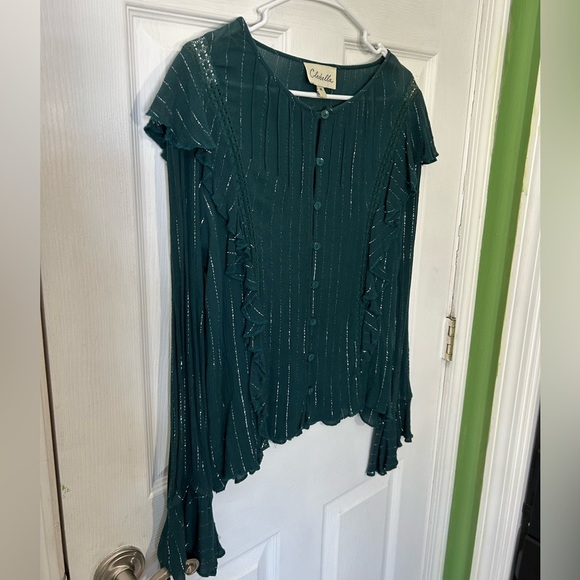 Cleobella Emerald Green Long Sleeve Metallic Striped Ruffle Blouse Size Medium - Picture 2 of 12